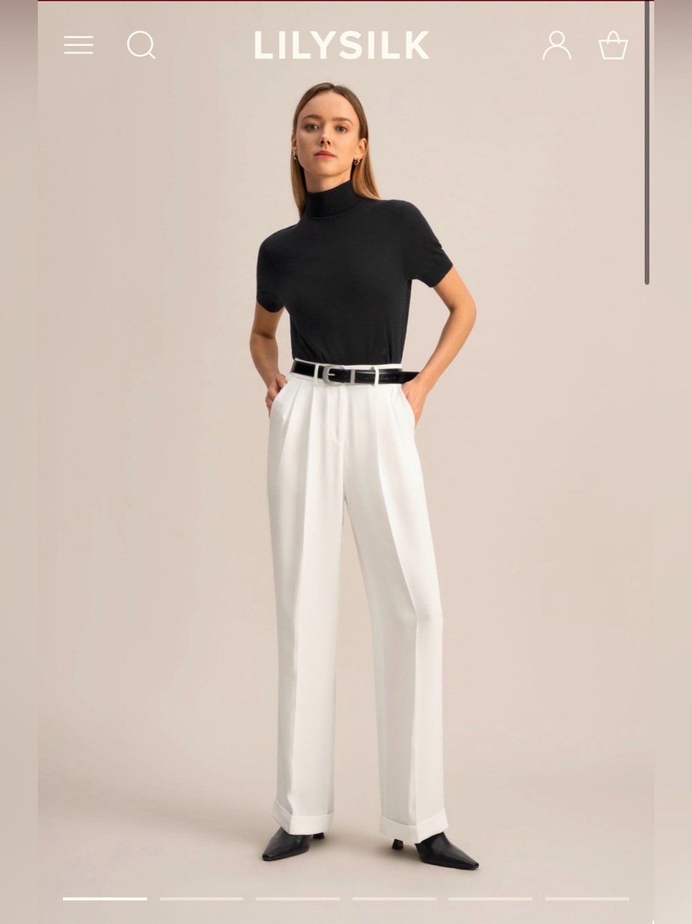 Lilysilk Timeless Pleated Dense Silk Wide Leg Trousers, White, Size 2, Cuff Hem